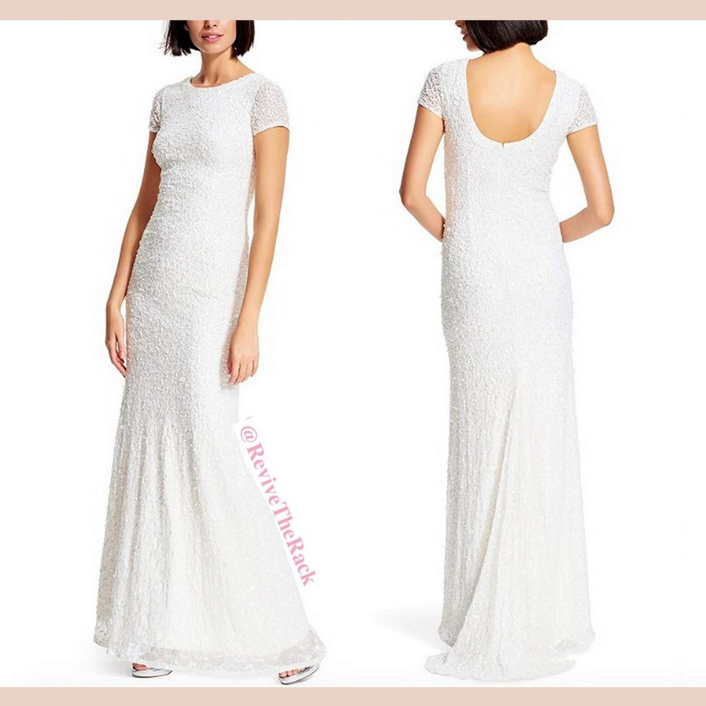 NEW Adrianna Papell Scoop Back Sequin Evening Gown in‎ Ivory-White [SZ 10 ]